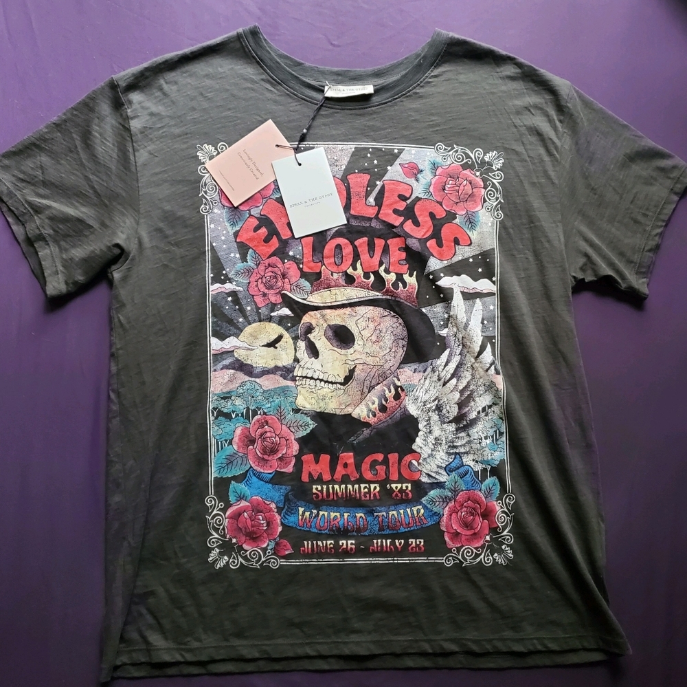 Spell & The Gypsy Collective Large Endless Love Charcoal Organic Biker Tee RARE!